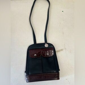 BRIGHTON BLACK LEATHER SLIM CROSSBODY BAG BROWN CROC TRIM POCKETS FULL ZIP CLOSE